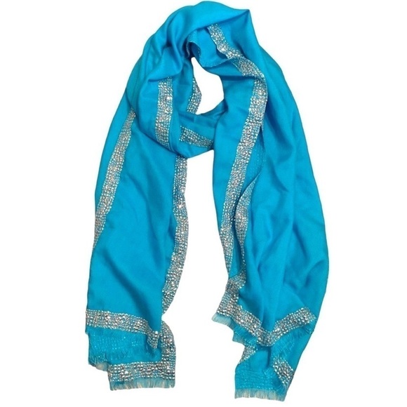 Silk Cashmere Wool Turquoise Blue Silver Colored Sequin Wrap Scarf - One Size